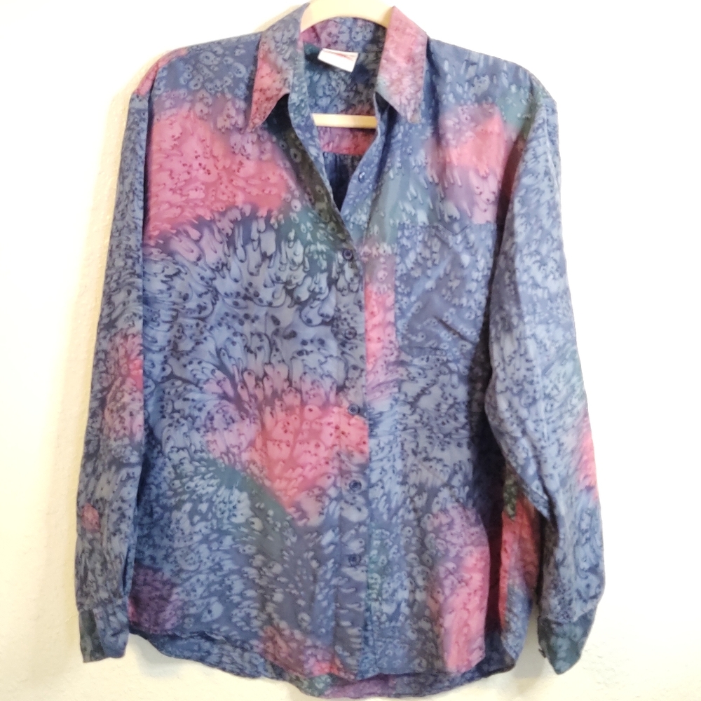 Tie Dye Silk Blouse Vintage Powder Pink Lavender Purple Lady Footlocker Sz M